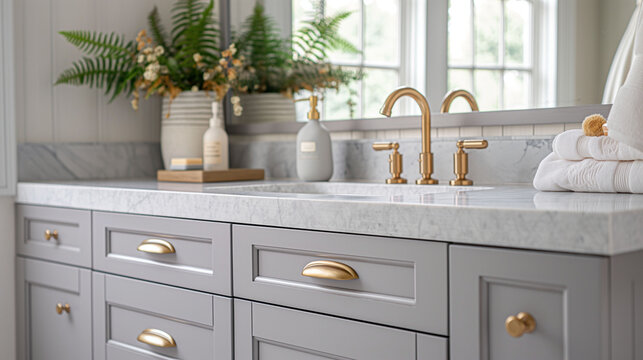 Modern gray bathroom vanity with gold fixtures and elegant decor for home design concept