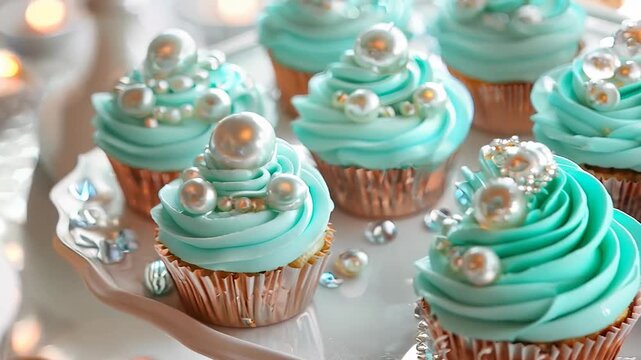 Elegant turquoise cupcakes with pearly decorations for celebrations