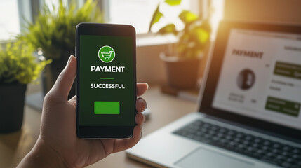 Successful Digital Payment on Smartphone, Online Purchase Confirmation. User Completing Secure E-commerce Transaction, Mobile Commerce, Financial Technology
