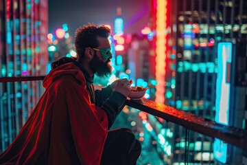 bearded attractive cheerful man in a superhero red cape savoring a sandwich on the roof of a skyscraper with a vibrant dusk sky background