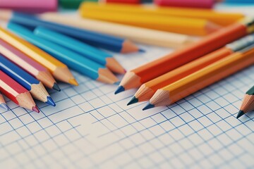Obraz premium Colorful pencils scattered on a graph paper, perfect for artistic projects, school supplies, and creative endeavors.