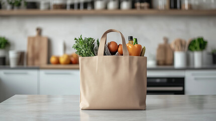Brown canvas reusable eco tote kitchen groceries healthy produce inflation family budget farmers market food cost living struggle sustainability eco-friendly blank POD bag white home banner background