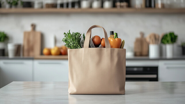 Brown canvas reusable eco tote kitchen groceries healthy produce inflation family budget farmers market food cost living struggle sustainability eco-friendly blank POD bag white home banner background