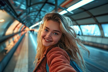 Fototapeta premium Happy and beautiful female woman smiling. Pretty young female walking and having fun in metro New York city