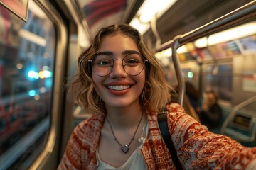 Happy and beautiful female woman smiling. Pretty young female walking and having fun in metro New York city