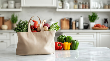 Brown canvas reusable eco tote kitchen groceries healthy produce inflation family budget farmers market food cost living struggle sustainability eco-friendly blank POD bag white home banner background
