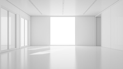 White room empty studio with white empty display copy space background, big white room with big windows and sunlight soft light with white floor and walls