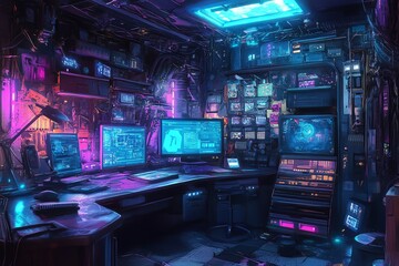 Obraz premium Futuristic workspace with neon lights, multiple screens, and cyberpunk aesthetics, perfect for tech and digital themes.