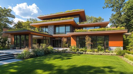 Modern architectural design featuring green roof and expansive windows, surrounded by lush landscaping and clear blue skies.