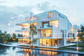 Modern architectural design of a smart house at sunset, showcasing innovative technology and energy efficiency in a serene environment.