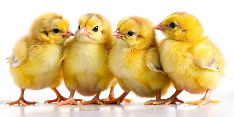 Fototapeta premium Adorable yellow quail chicks stand together, their soft feathers fluffed, beaks touching, eyes closed, exuding warmth and innocence in a tender display of sibling affection.