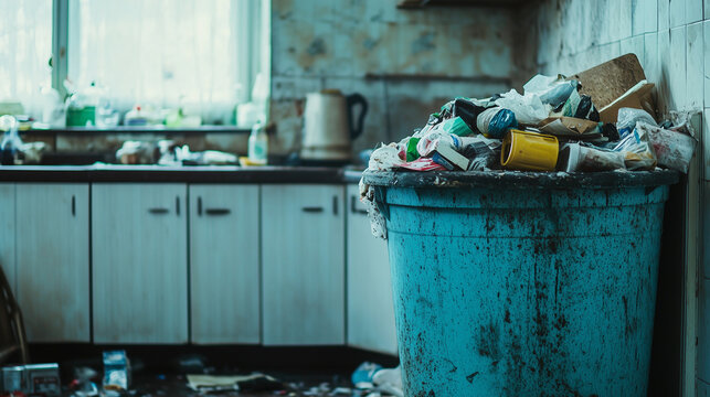 Discusting messy old overflowing old trash garbage bin abandoned kitchen waste dirty environment neglect recyclers sanitation cleaning products mess grunge background banner derelict rental home house
