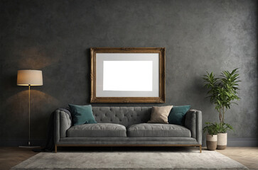 Empty picture frame on a stylish living room wall