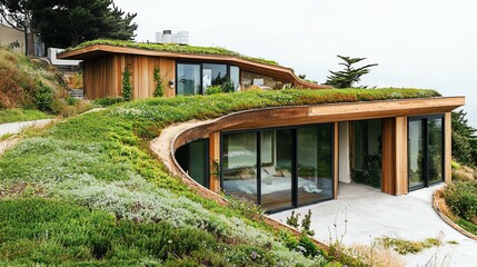 Naklejka premium Modern eco-friendly house with green roof and panoramic views, seamlessly integrating into the natural landscape.