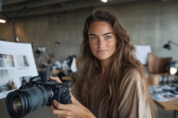 A female professional photographer with long, wavy hair holds a camera confidently in a spacious studio, portraying focused dedication and artistry towards her work.