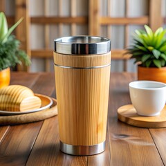 wooden mug on table with cup and breakfast