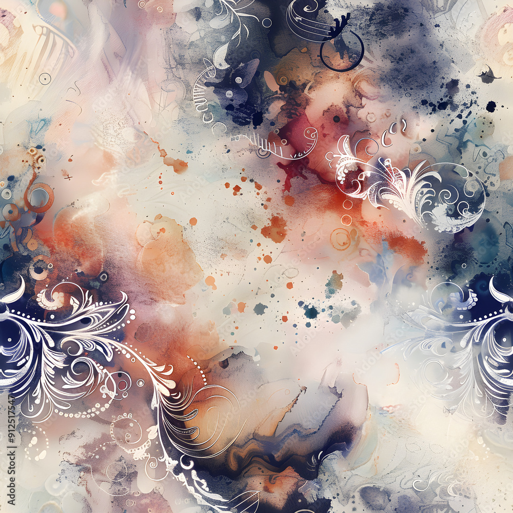 Aufkleber Seamless pattern with swirls and watercolor splashes creating abstract background