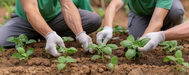 Fototapeta premium Autism support group planting a community garden, unity, outreach, inclusive project, diverse volunteers, connection, environmental therapy, teamwork