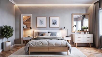 Fototapeta premium Modern Bedroom Interior Design with White Bed and Wooden Floor