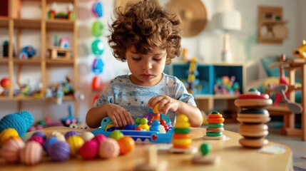 Autistic child organizing toys, structured playtime, supportive environment, developmental support, colorful surroundings, daily routine, focused activity