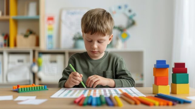 Autistic child following visual schedule, daily routine, structured environment, developmental support, colorful aids, supportive care, organized day