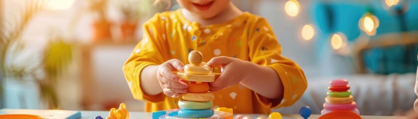 Child with Autism engaged in occupational therapy, colorful playroom, therapist support, sensory toys, focused activity, inclusive care, developmental support
