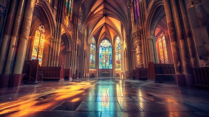 Obraz premium Stunning interior of an old cathedral illuminated by colorful stained glass windows, showcasing intricate architecture and serene atmosphere.