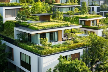 Fototapeta premium Stunning modern architecture with lush green roofs and vibrant gardens, showcasing sustainable living in urban design.