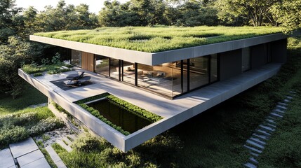 Fototapeta premium Stunning modern house with a green roof, surrounded by trees, showcasing eco-friendly architecture and seamless indoor-outdoor living.