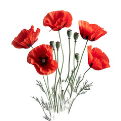 Naklejka premium Closeup of a vibrant red poppy flower bouquet with green leaves on black background