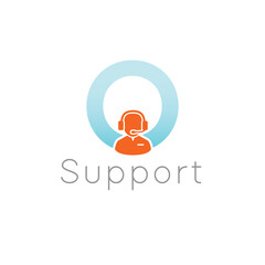 Customer Care representative, man with headphones, 24/7 support, vector logo, back office, online services, business support, technical support, help assistance symbol