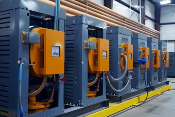Row of industrial air compressors operating inside a modern factory, providing compressed air for various manufacturing processes