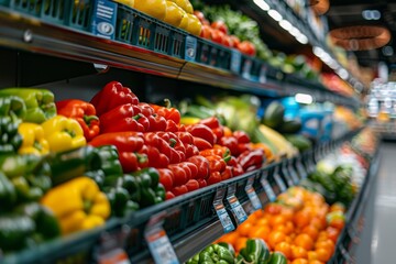 Obraz premium Vibrant grocery store aisle with an array of fresh produce and wholesome foods