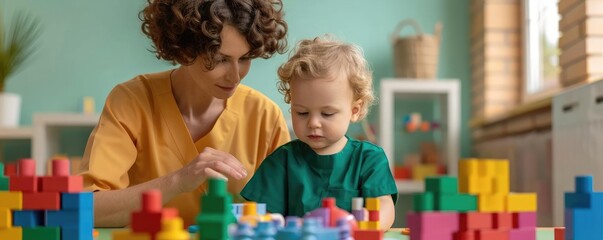 Therapist guiding autistic child through a play-based therapy session, occupational therapy, sensory activities, supportive care, developmental growth, colorful room