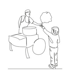 One continuous single drawing line art flat doodle child, outdoor, food, kid, candy, sweet, happy, sugar, buy, cotton, dessert. Isolated image hand draw contour on a white background