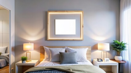 Fototapeta premium Modern Bedroom with a Minimalist Decor and a Blank Canvas in a Wooden Frame