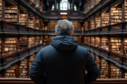 An older man observes the vast collection of books from the balcony of an expansive library, highlighting the timeless nature of knowledge and curiosity.