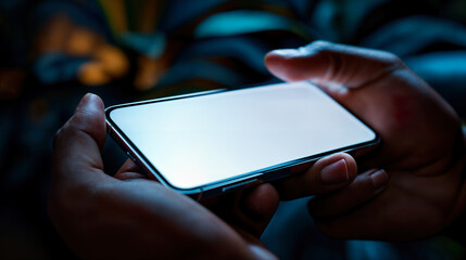 Person holding smartphone with blank screen in landscape orientation