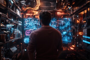 Fototapeta premium A man in a casual shirt interacts with holographic screens displaying data in a technology-rich environment, symbolizing innovation and advanced computer systems monitoring.