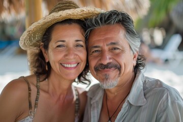 Naklejka premium Portrait of a smiling middle aged Hispanic couple at the beach