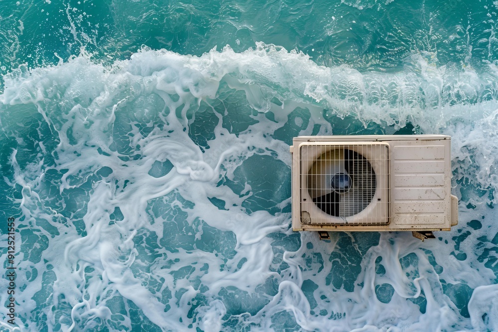 Poster old air conditioner unit is floating in polluted ocean water