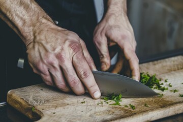 Fototapeta premium Culinary Arts: Expert Chef Skillfully Chopping Fresh Herbs in a Modern Kitchen Setting