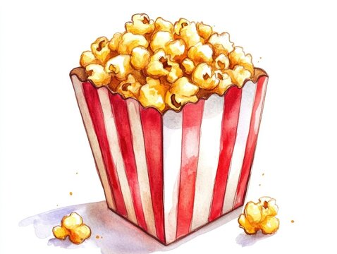 recommend clip art: Adorable watercolor of a cute popcorn box clipart perfect for movie night and entertainment themed designs  Isolated on a clean white background