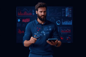 A man holding a tablet and phone, studying statistical graphs and charts on a digital interface, reflecting data analysis and technology integration.