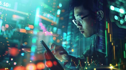 Man Looking At Smartphone With Digital Data Overlay