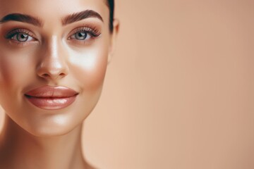 Naklejka premium Captivating Portrait of a Woman With Radiant Skin Smiling Against a Soft Peach Background