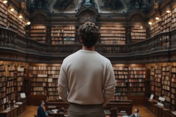 Fototapeta premium Standing in a historically rich library with exquisite wooden details, a person surveys the scene from behind, capturing the library's historic elegance and vastness.