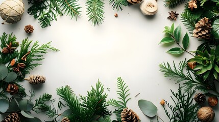 A white background with a green border and a variety of pine cones and leaves