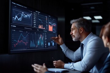 A professional in a business setting presents financial data on a high-tech digital screen, discussing trends and making strategic decisions, embodying modern analytics and expertise.