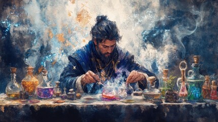Mystical alchemist concocting enchanted potions surrounded by a collection of arcane esoteric artifacts in a dreamlike watercolor style